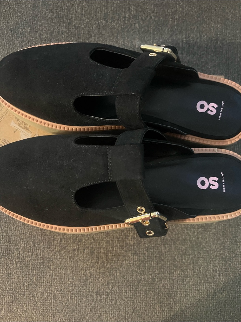 SO Black Suede Mary Jane Loafers with Gold Buckle